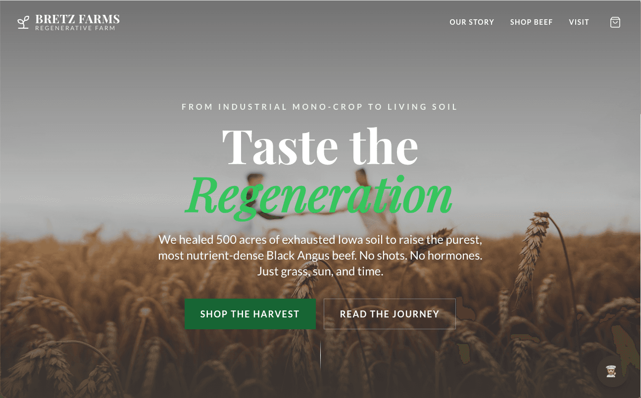 Bretz Farms regenerative farm hero website