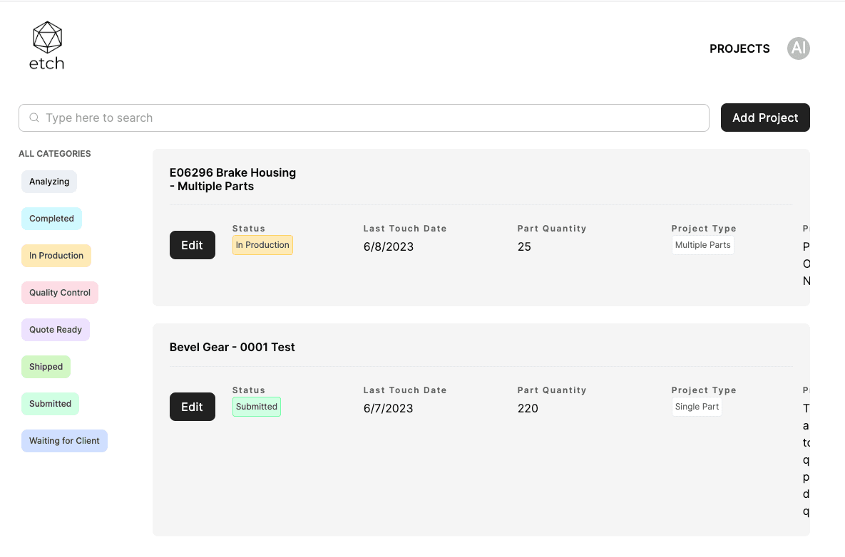 Etch digital manufacturing project management dashboard